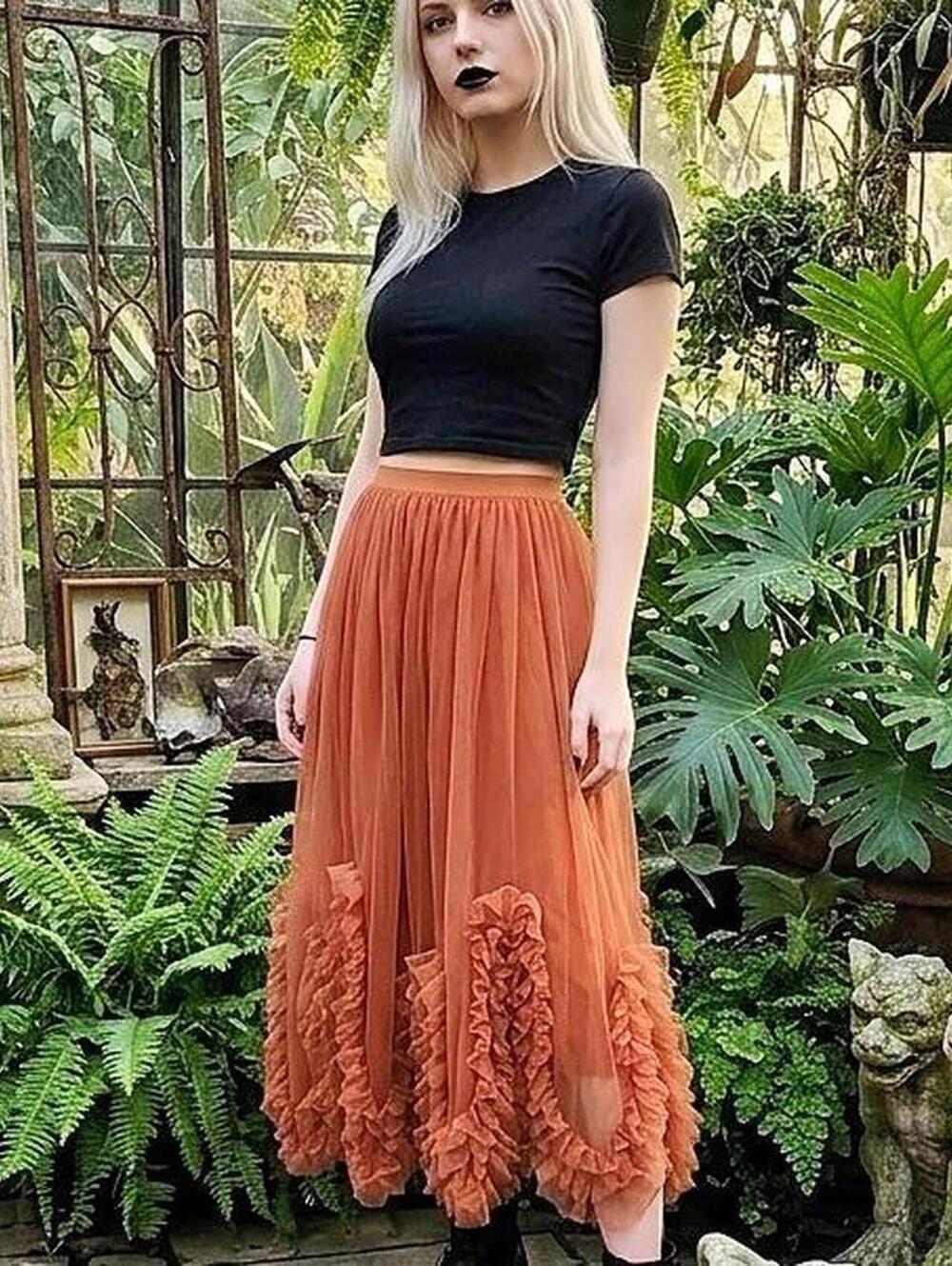 Anthropologie Felicity Ruffled Tulle Midi Skirt in rust FITS A MEDIUM